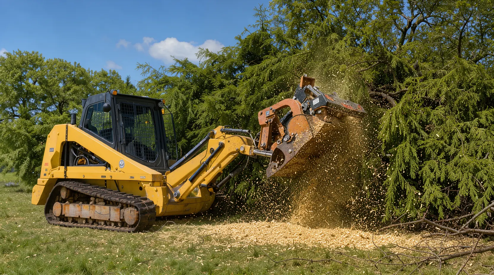 Tracked skid steer forestry mulcher grinding cedar into mulch, land clearing in Williamson County, Texas