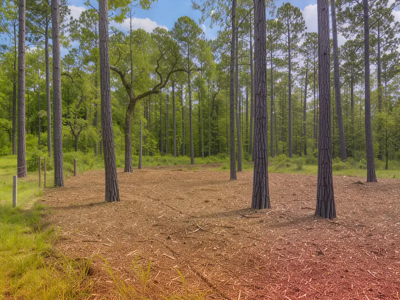 Pine stand after understory mulching, pines left standing on a mulch floor, land clearing in Lindale, TX