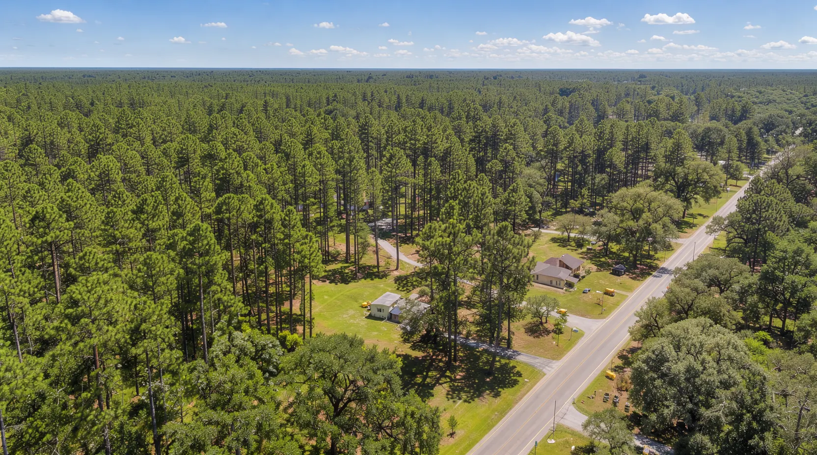 Aerial view of pine forest and rural homesites along a two-lane road, land clearing in Smith County, Texas