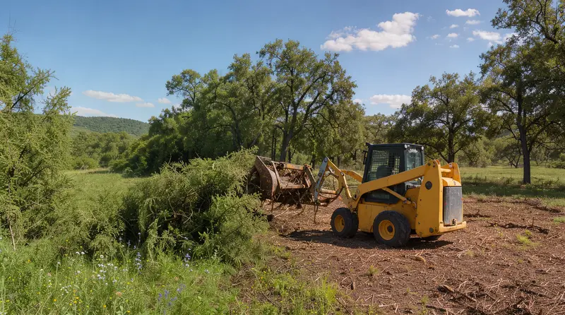 Skid steer with a grapple clearing brush along a pasture edge, brush clearing in Texas