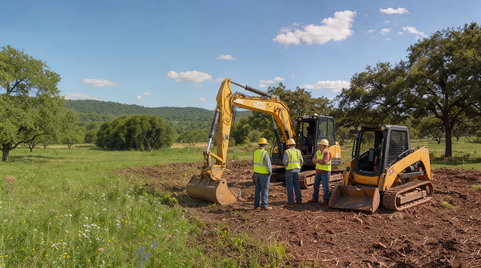 Land clearing crew in safety vests beside an excavator and a skid steer, Pruitt Range & Brush, Texas land clearing