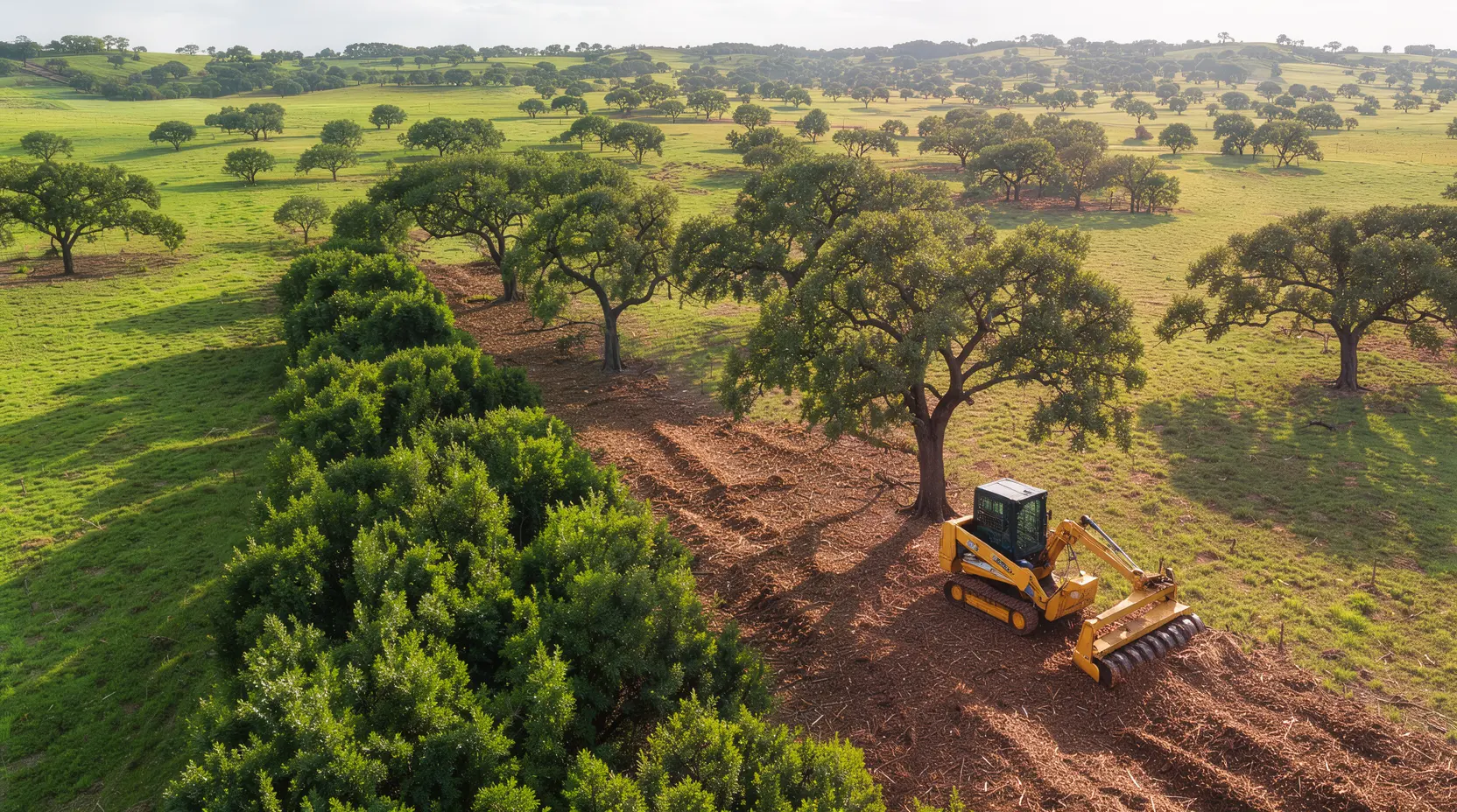 Aerial view of a mulcher clearing a cedar line between live oaks, land clearing in Boerne, TX