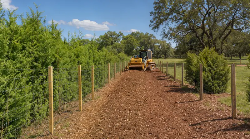 Fence line cleared through cedar with a mulcher on the strip, land clearing in McLennan County, Texas