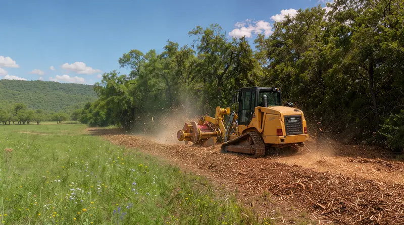 Forestry mulcher clearing brush along a pasture edge, forestry mulching in Texas