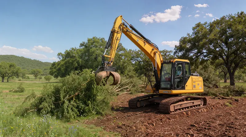 Excavator with a grapple piling cleared trees and brush, tree clearing in Texas