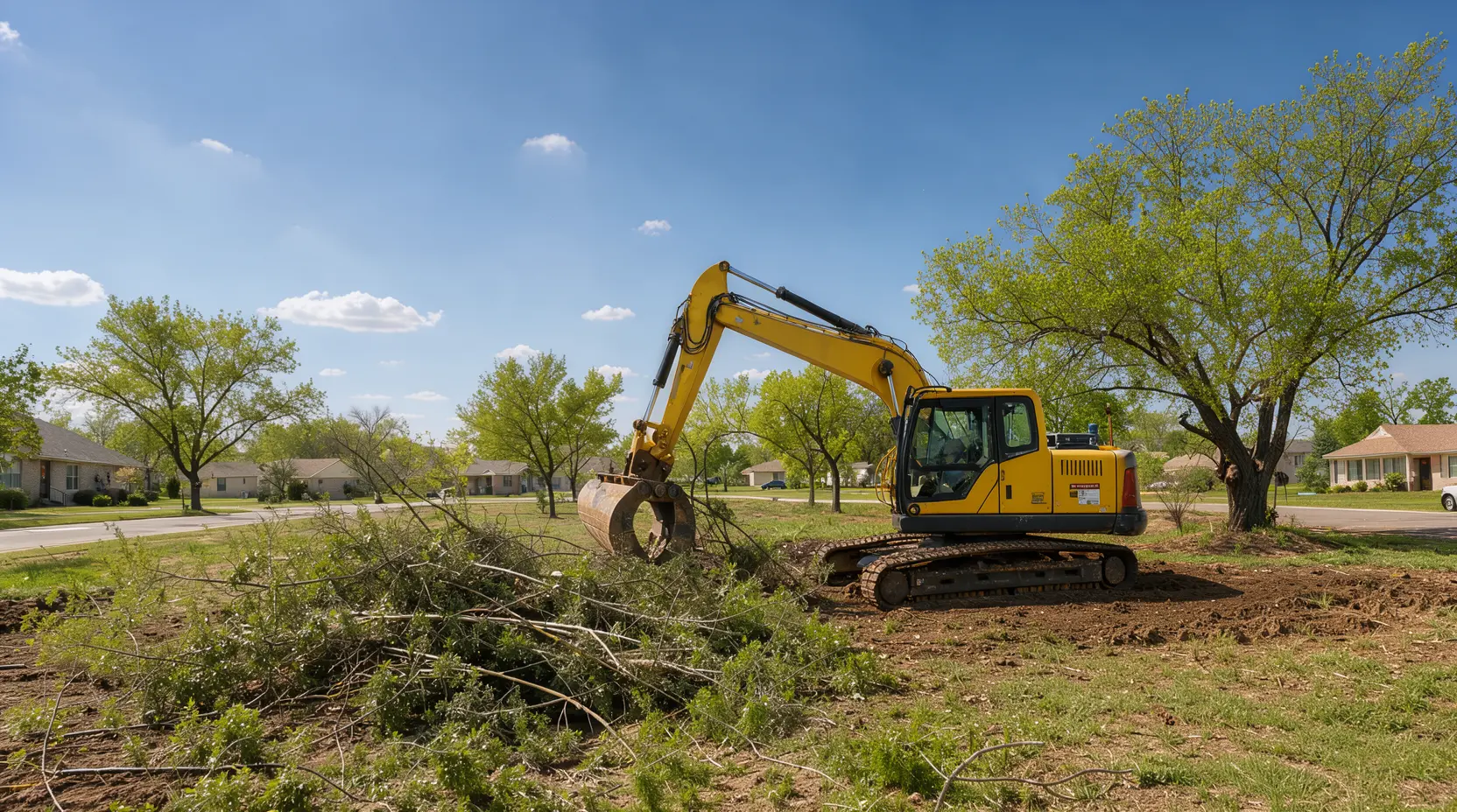Excavator clearing brush on a residential lot, lot clearing in Texas