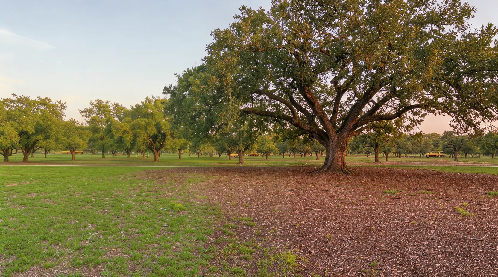 Live oak left standing on mulched ground after clearing, free land clearing estimate in Texas