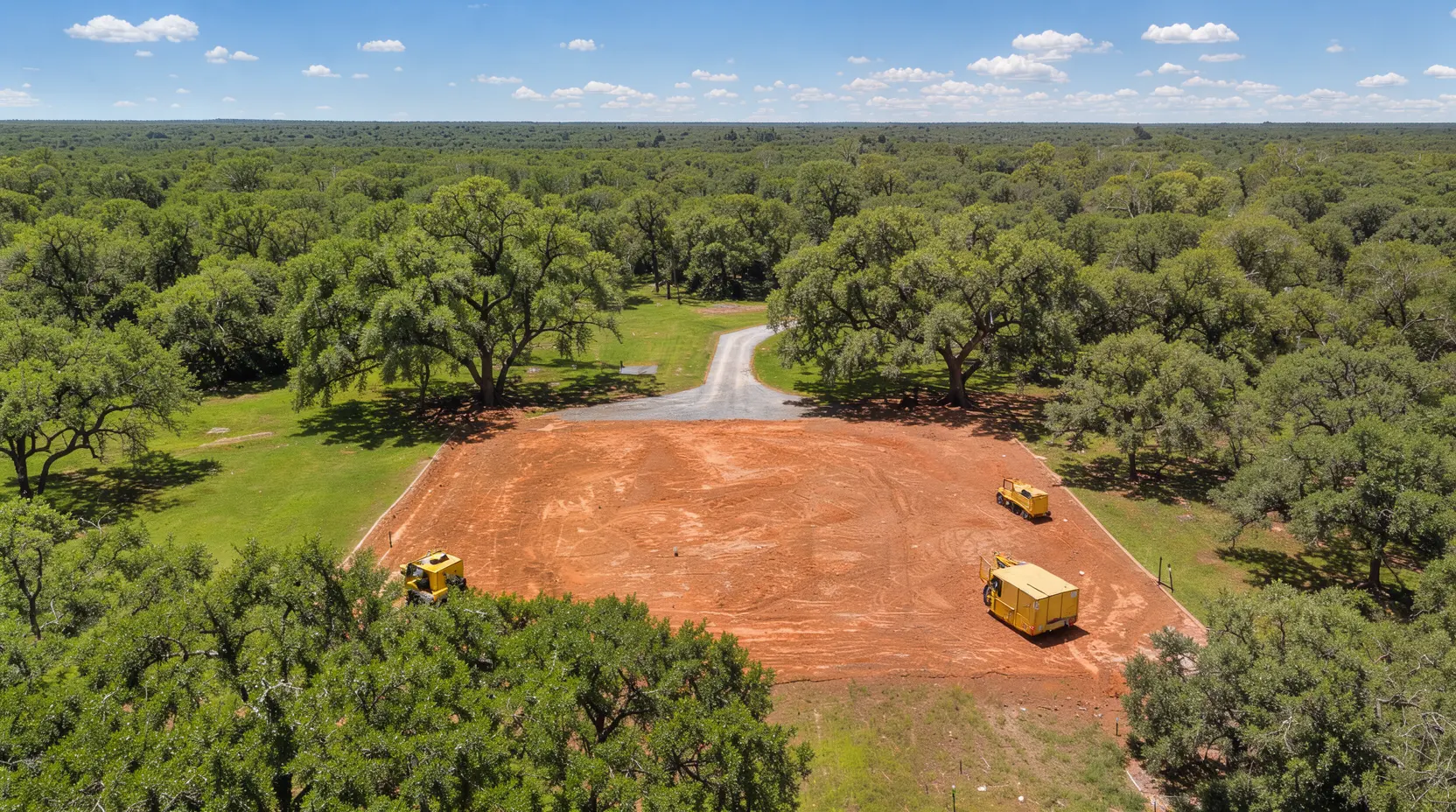 Aerial view of a cleared homesite pad cut into the woods, land clearing in Rockwall County, Texas