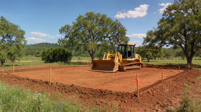 Dozer grading a staked building pad, land clearing in Tarrant County, Texas